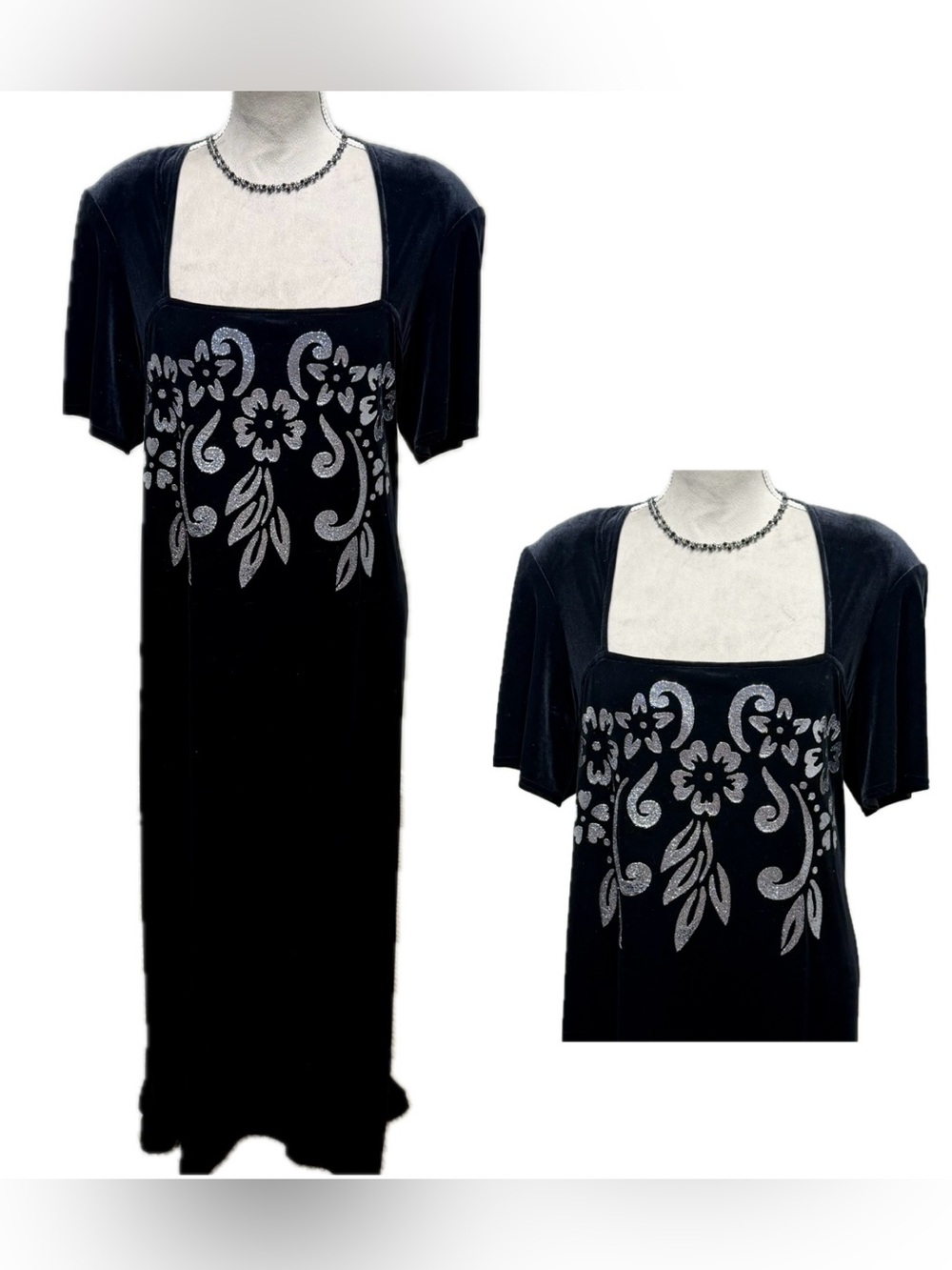 Vintage 90s Onyx Nite Prom Dress Maxi Gown 22 Black Velvet Silver Goth Glam Y2K